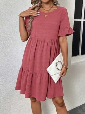 Boho Rose Pink Tiered Babydoll Dress with Flutter Sleeves and Textured Grid Deta